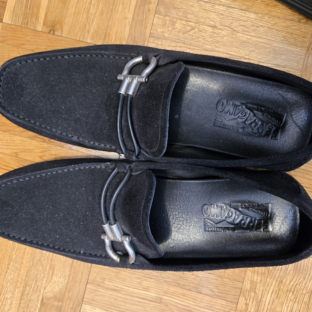 Salvatore Ferragamo Black Suede Loafers with Metal Bit